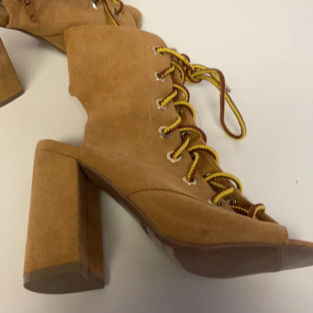 - Forever 21 open toe lace up boot tan boot sandals size 6